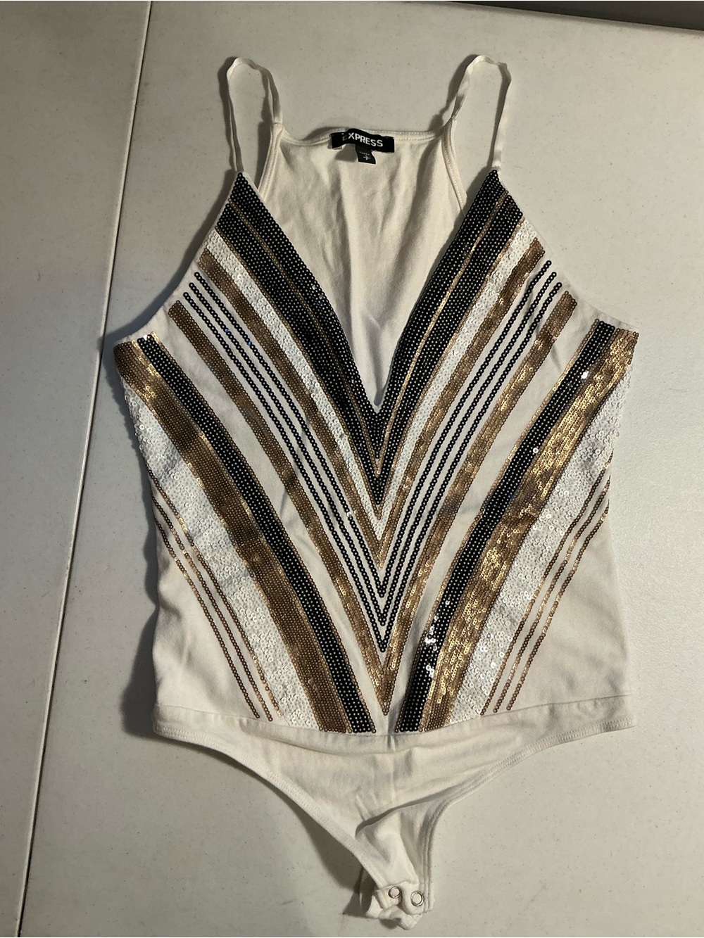 Express Sequin V-Neck Bodysuit Black Gold Ivory Size Small